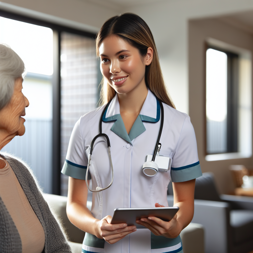 A Nurse asking an elderly good lucking woman if she is Looking to self manage her aged care in Australia ?